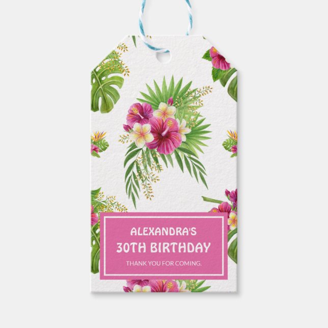Rosa tropiska blommiga Luau födelsedags tack Presentetikett (Framsidan)