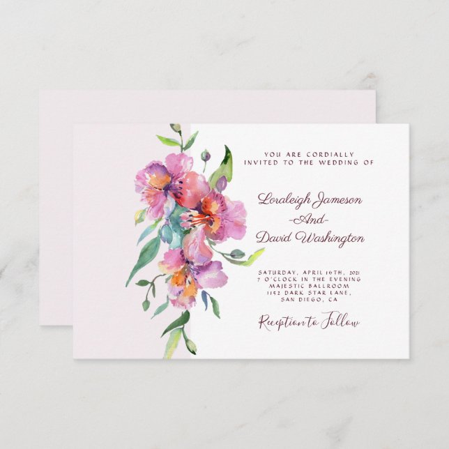 Rosa tropiska blommigten personligt bröllp inbjudningar (Fram/baksida)