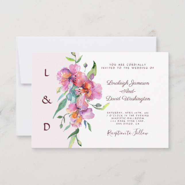 Rosa tropiska blommigten personligt bröllp inbjudningar (Framsida)