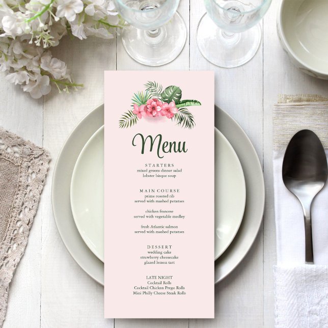 Rosa Tropiska Blommor Bröllopsmeny Meny (Pink Tropical Flowers Wedding Menu on a white wedding table.)
