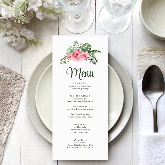 Rosa Tropiska Blommor Bröllopsmeny Meny (Pink Tropical Flowers Wedding Menu on white wedding table.)