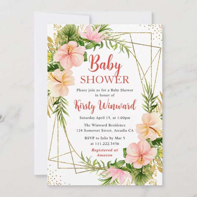 Rosa Tropiska Blommor & Guld Ram Baby Shower Inbjudningar (Framsida)