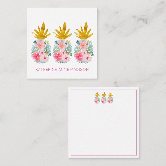 Rosa Tropiska blommor och ananas Guld Anteckningskort (Fram/baksida)