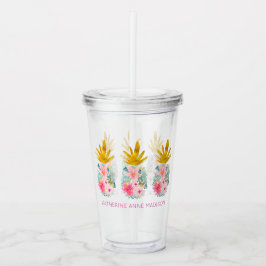 Rosa Tropiska blommor och ananas Guld Take Away Mugg