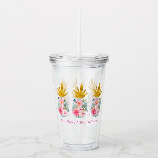Rosa Tropiska blommor och ananas Guld Take Away Mugg (Framsida)