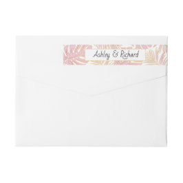 Rosa tropiska kloster och handflatan löv bröllop etikettband