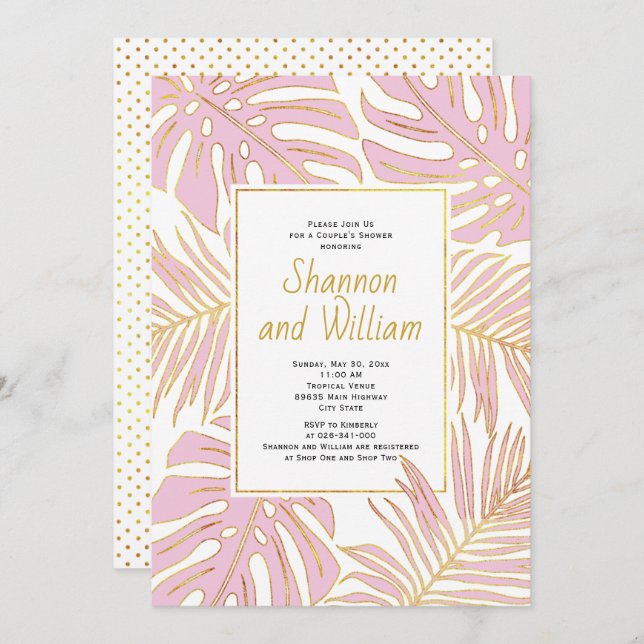 Rosa tropiska löv bröllop pars dusch inbjudningar (Fram/baksida)