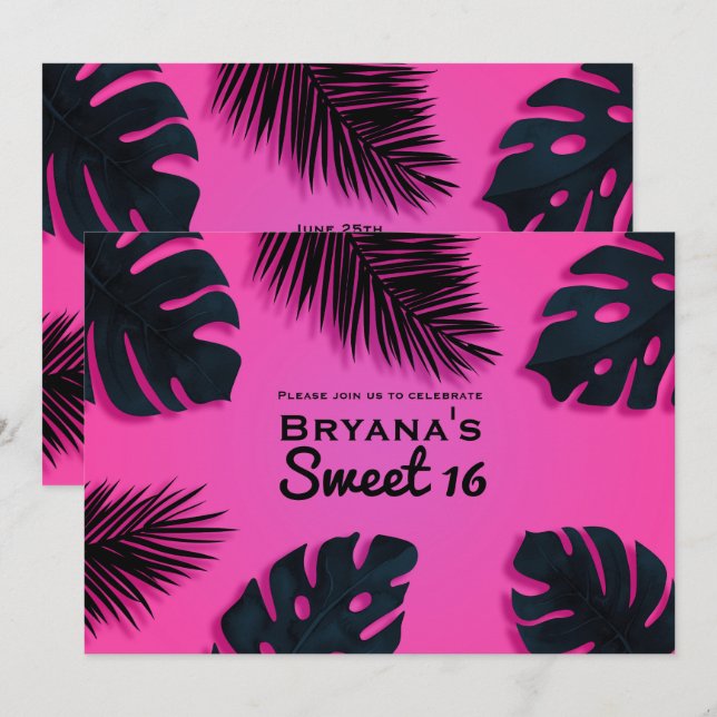 Rosa tropiska palmblad Luau-partynodningar Inbjudningar (Fram/baksida)