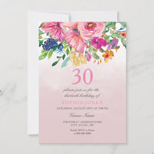 Rosa  Tropiska vattenfärgen 30års födelsedag Inbjudningar (Framsida)
