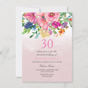 Rosa Tropiska vattenfärgen 30års födelsedag Inbjudningar