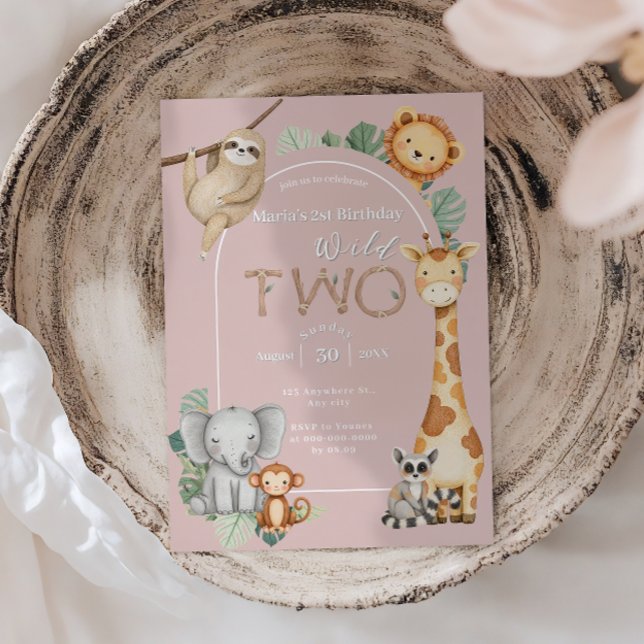 Rosa tropiska vilda två djungel safari djur inbjudningar (Skapare uppladdad)