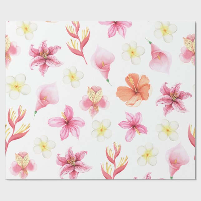 Rosa tropiskt akvarell blomster mönster presentpapper (Platt)