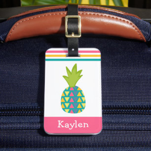 Rosa Tropiskt ananas Anpassat namn Modern Trendig Bagagebricka