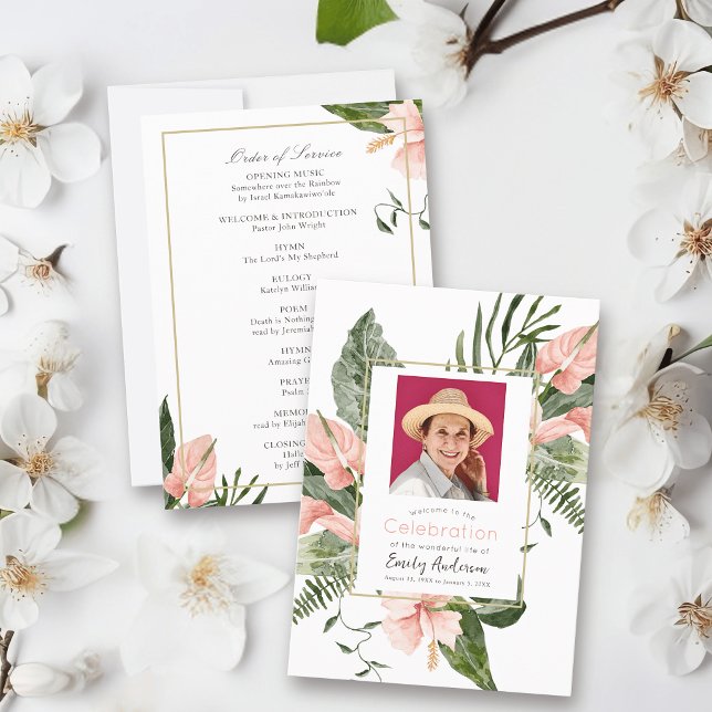 Rosa tropiskt begravningsprogram för ceremonier inbjudningar (Skapare uppladdad)