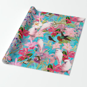 Rosa tropiskt fågel- och Orchidblommamönster Presentpapper