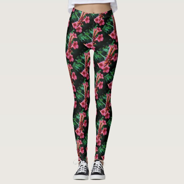 Rosa Trumpet Honeysuckle Botanical Art Leggings (Framsida)