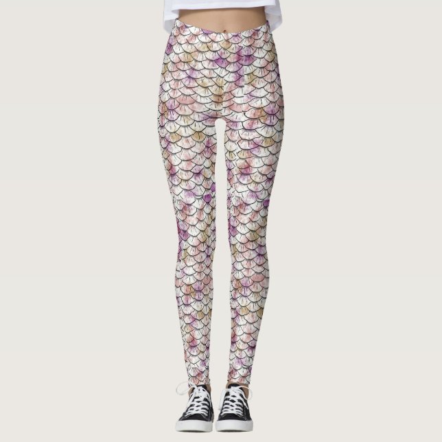 Rosa tryck för vitsjöjungfrufjäll leggings (Framsida)