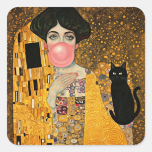 Rosa Tuggummadamen med svart katt Gustav Klimt Fyrkantigt Klistermärke
