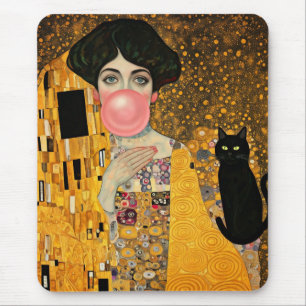 Rosa Tuggummadamen med svart katt Gustav Klimt Musmatta