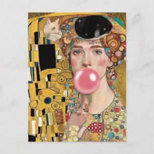 Rosa Tuggummidame med Gustav Klimts Kattkonst Vykort