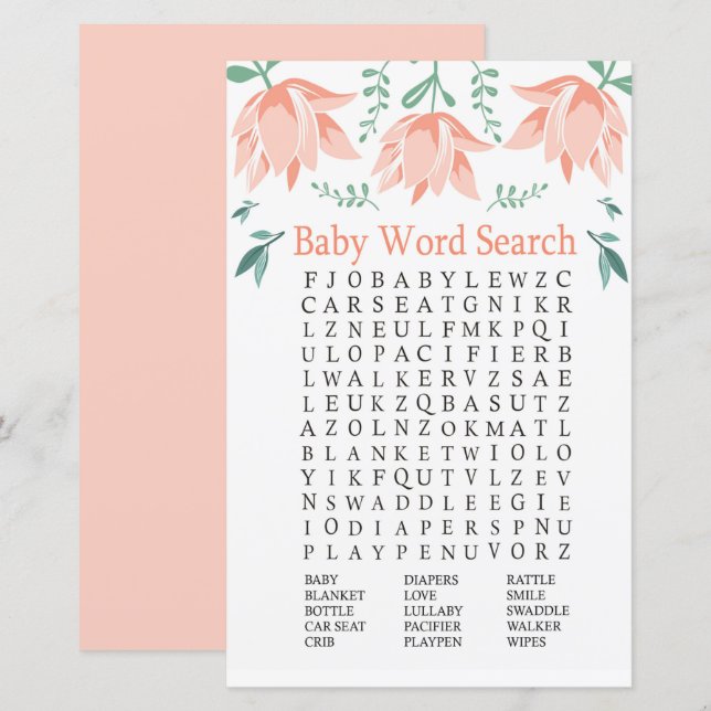 Rosa Tulip Baby Shower Ord Search-spel (Fram/baksida)