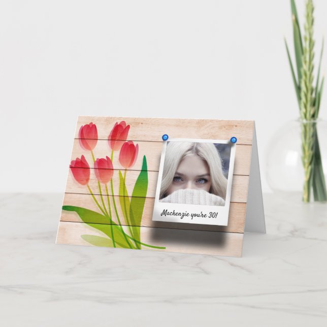 Rosa Tulip Blommigt Birthday Photo Template Söt Kort (Framsida)