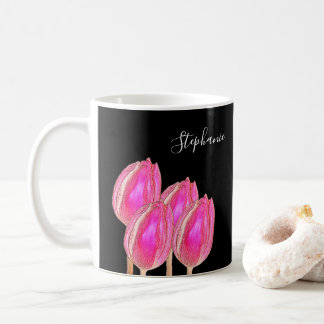 Rosa Tulip Blommigt Monogram Namn Black Anpassning Kaffemugg