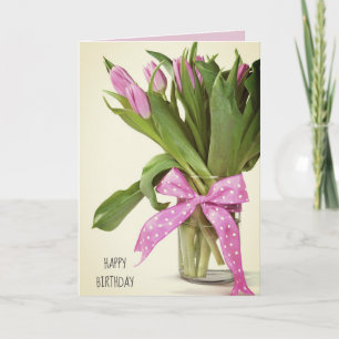 rosa tulip bouquet med bog på födelsedagen kort