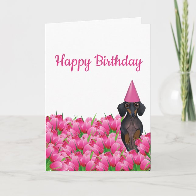 Rosa Tulip Dachshund Birthday Card Kort (Framsida)