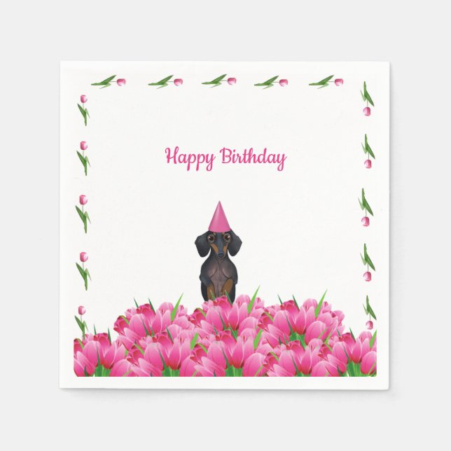 Rosa Tulip Dachshund Papper Napkins Pappersservett (Framsidan)