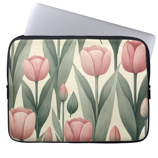 Rosa Tulip Fält Mönster Illustration Laptop Fodral (Framsidan)