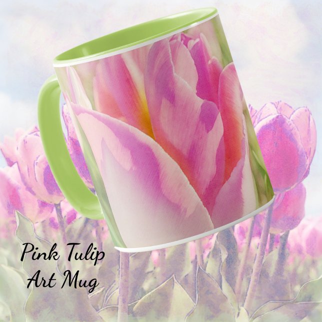 Rosa Tulip Flowers Garden Art Mugg Kopp (Pretty in pink tulip flower art mug.)