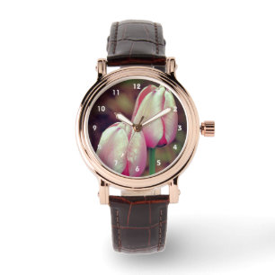 Rosa Tulip Flowers med regndroppar Armbandsur