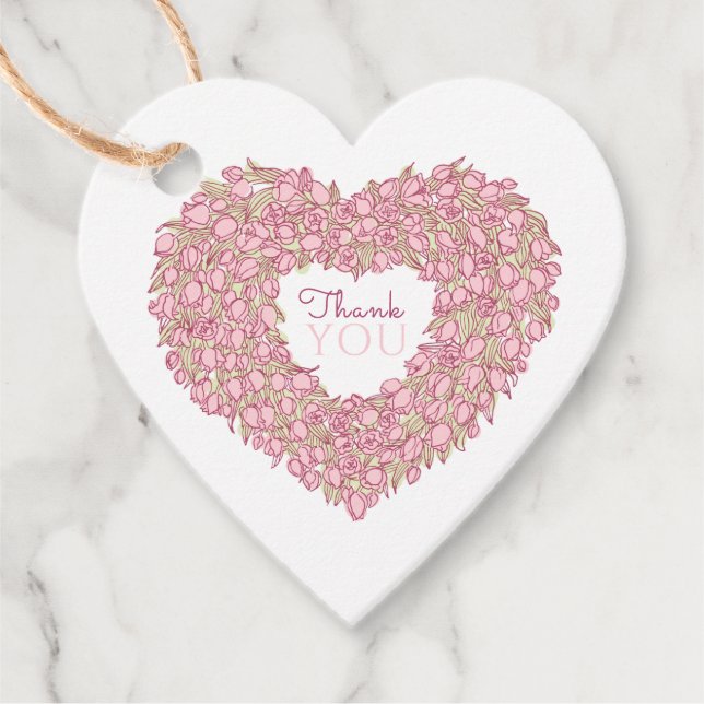 Rosa tulip-hjärtkonst tack för att du bröllopsbefr gåvor etiketter (Framsida)