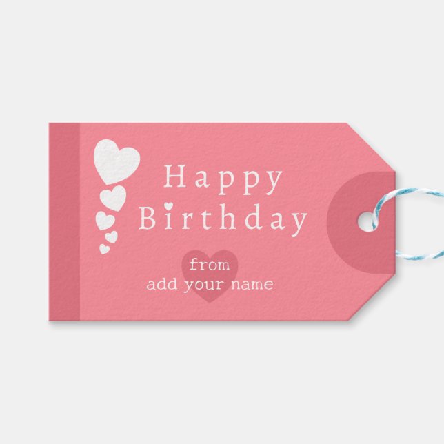 Rosa Tulip - Märkre från födelsedagshjärtningar Presentetikett (Framsidan (Horisontell))