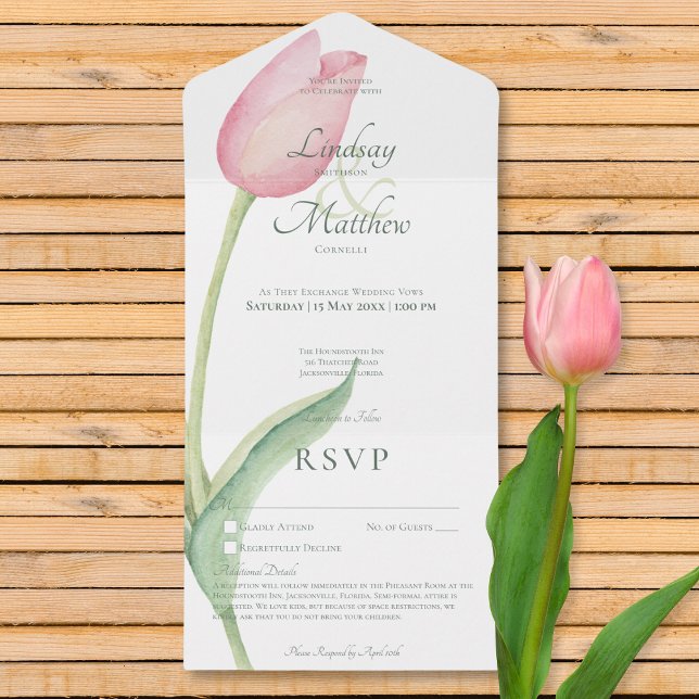  Rosa Tulip Solo Modern ingen middag utan detaljer (Blush Pink Tulip Solo Modern No Dinner w/ Details All In One Invitation)
