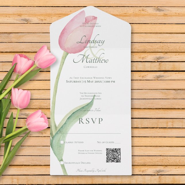  Rosa Tulip Solo Rosa Modern QR-kod (Blush Pink Tulip Solo Pink Modern QR Code All In One Invitation)