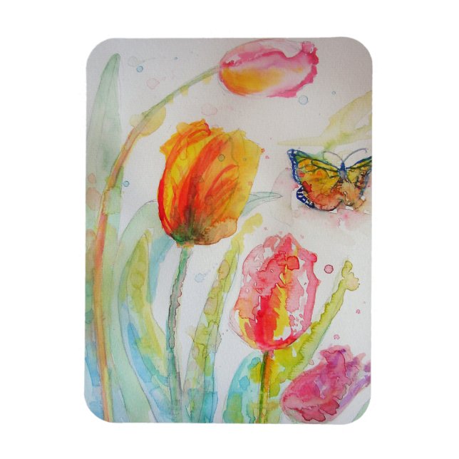 Rosa Tulip tulips Blommigt Flowers Watercolor Magn Magnet (Vertikal)