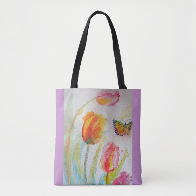Rosa Tulip Tulips Blommigt Vattenfärg Tote Bag Tygkasse (Framsida)