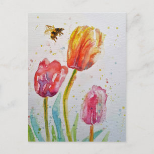 Rosa Tulip Tulips Blommigt Watercolor art PostCard Helg Vykort