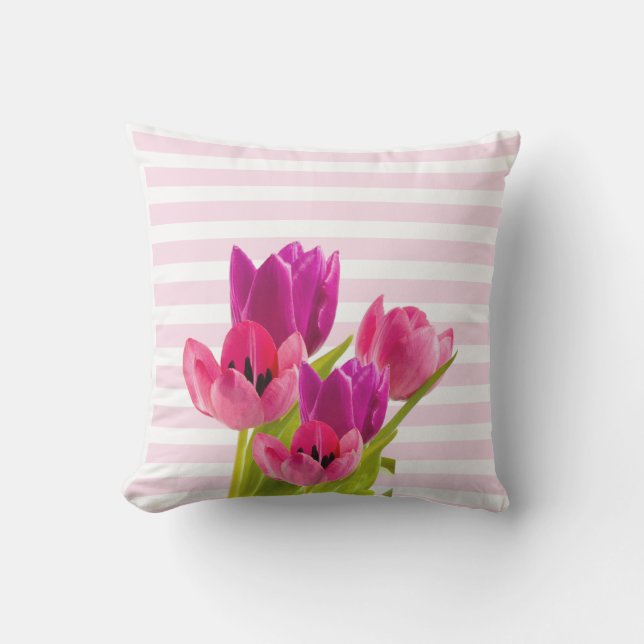 Rosa tulipblommor med rosa ränder dekorativa kudde (Framsida)