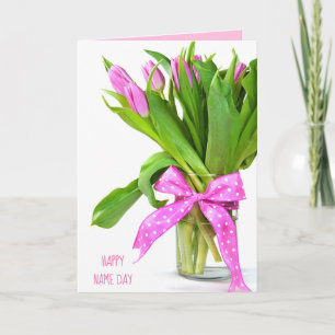 rosa tulipbukett med bog för Namn dag Kort