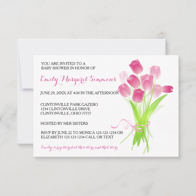 Rosa Tulips - 3 x 5 BABY Shower-inbjudan Inbjudningar (Framsida)