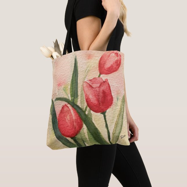 Rosa Tulips All-over-Print Tote, skuldertote Tygkasse (Närbild)