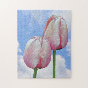 Rosa Tulips Blå himmel och vita moln Pussel