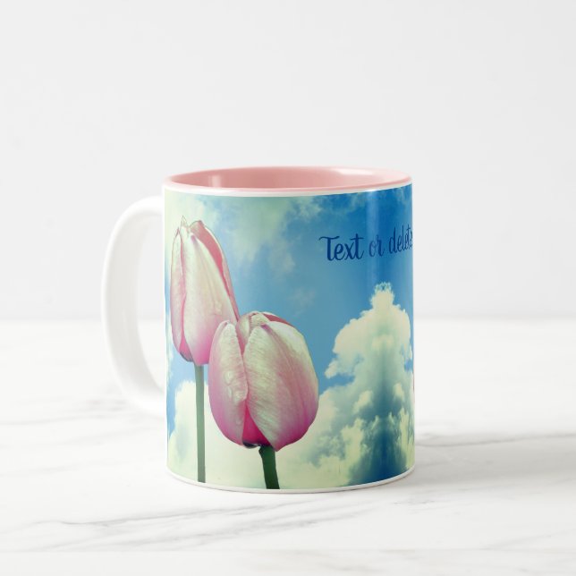 Rosa Tulips Blå himmel Personlig Natur Två-Tonad Mugg (Framsida vänster)