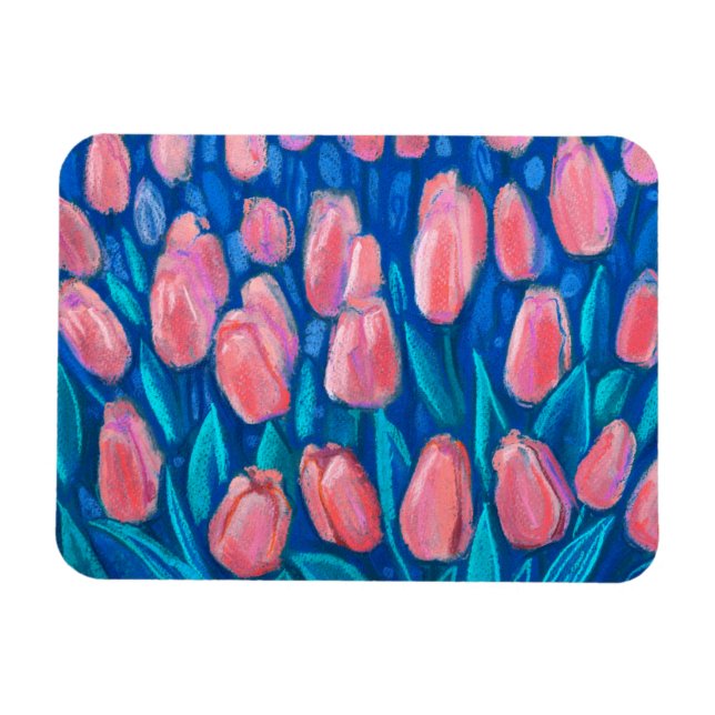 Rosa Tulips Blue Fält, Vår blommor Blommigt Art Magnet (Horisontell)