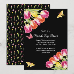 Rosa Tulips & Butterfly Mor's Day Brunch Black Inbjudningar