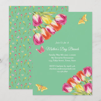 Rosa Tulips & Butterfly Mor's Day Brunch Grönt Inbjudningar