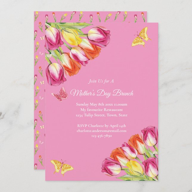 Rosa Tulips & Butterfly Mor's Day Brunch Rosa Inbjudningar (Fram/baksida)